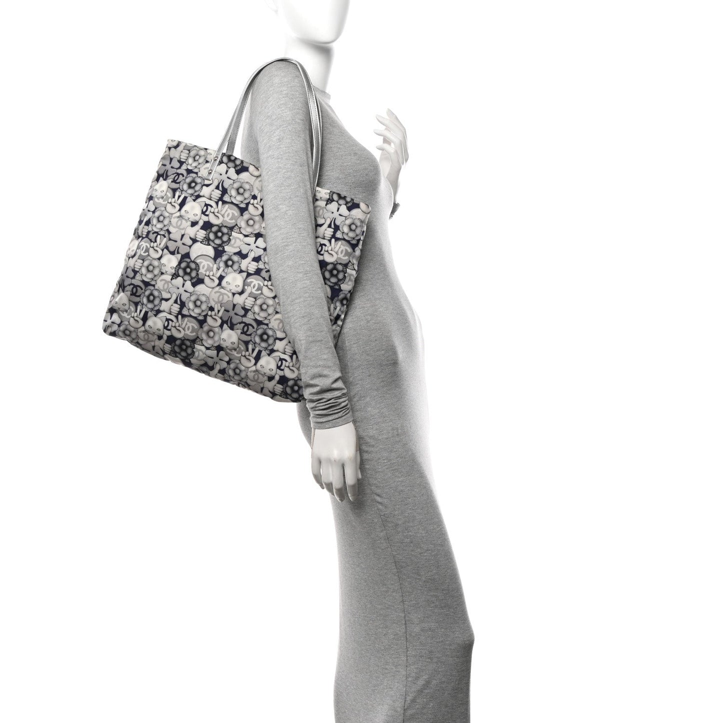 Nylon Cat Emoticon Tote Navy Silver