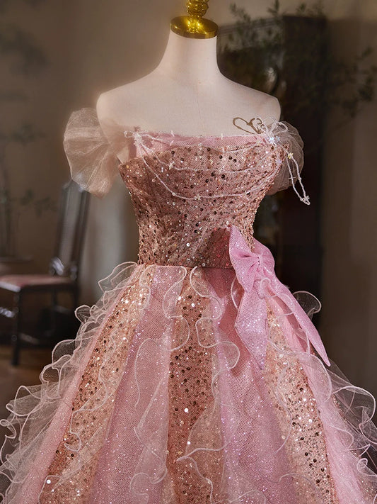 A Line Pink Elegant Evening Gowns Off Shoulder Long Prom Dress     S7209