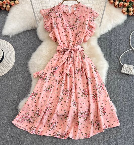 2025 Summer Gentle Style Sweet Ruffled Stand Collar Waist Slim Floral Chiffon Lotus Sleeve Dress R0408