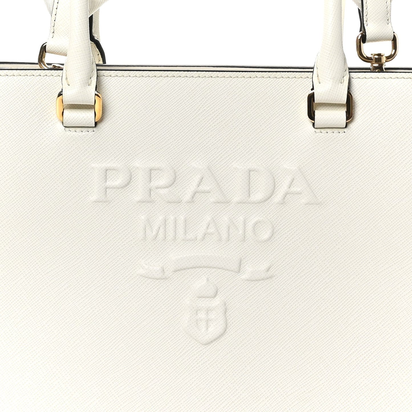 Saffiano Lux Logo Embossed Medium Shoulder Tote Handbag White