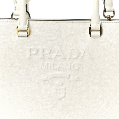 Saffiano Lux Logo Embossed Medium Shoulder Tote Handbag White
