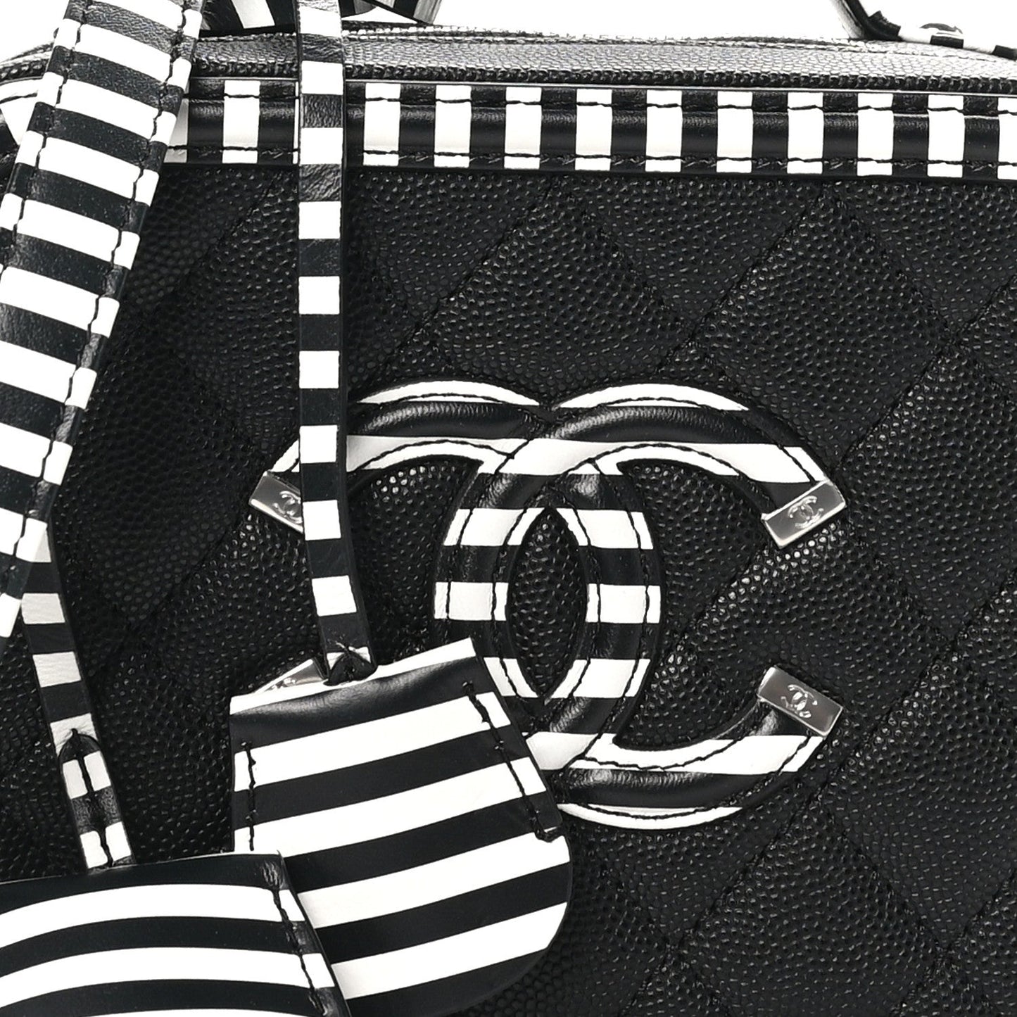 Caviar Quilted Striped Small CC Filigree Vanity Case Black White