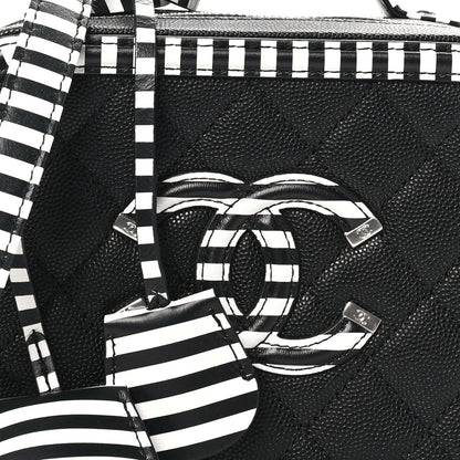 Caviar Quilted Striped Small CC Filigree Vanity Case Black White