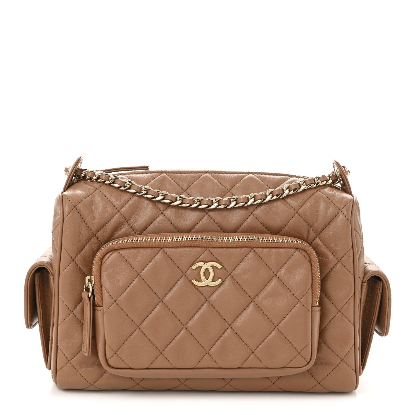 Shiny Crumpled Lambskin Quilted Medium Preppy Pocket Camera Case Brown