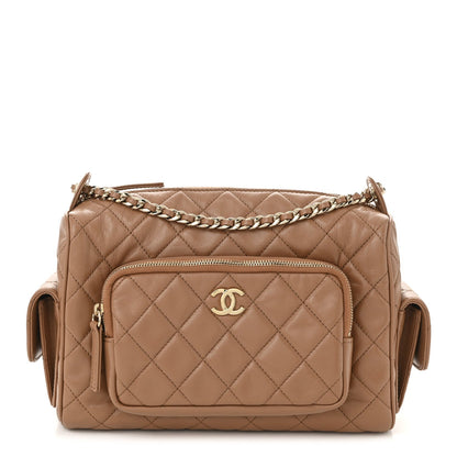 Shiny Crumpled Lambskin Quilted Medium Preppy Pocket Camera Case Brown