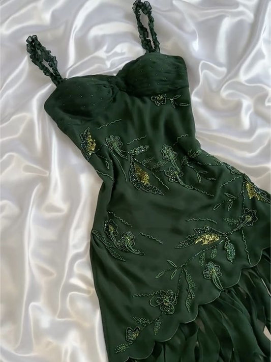 Green forest tie suspenders waist slim irregular skirt long skirt homecoming dress R2787