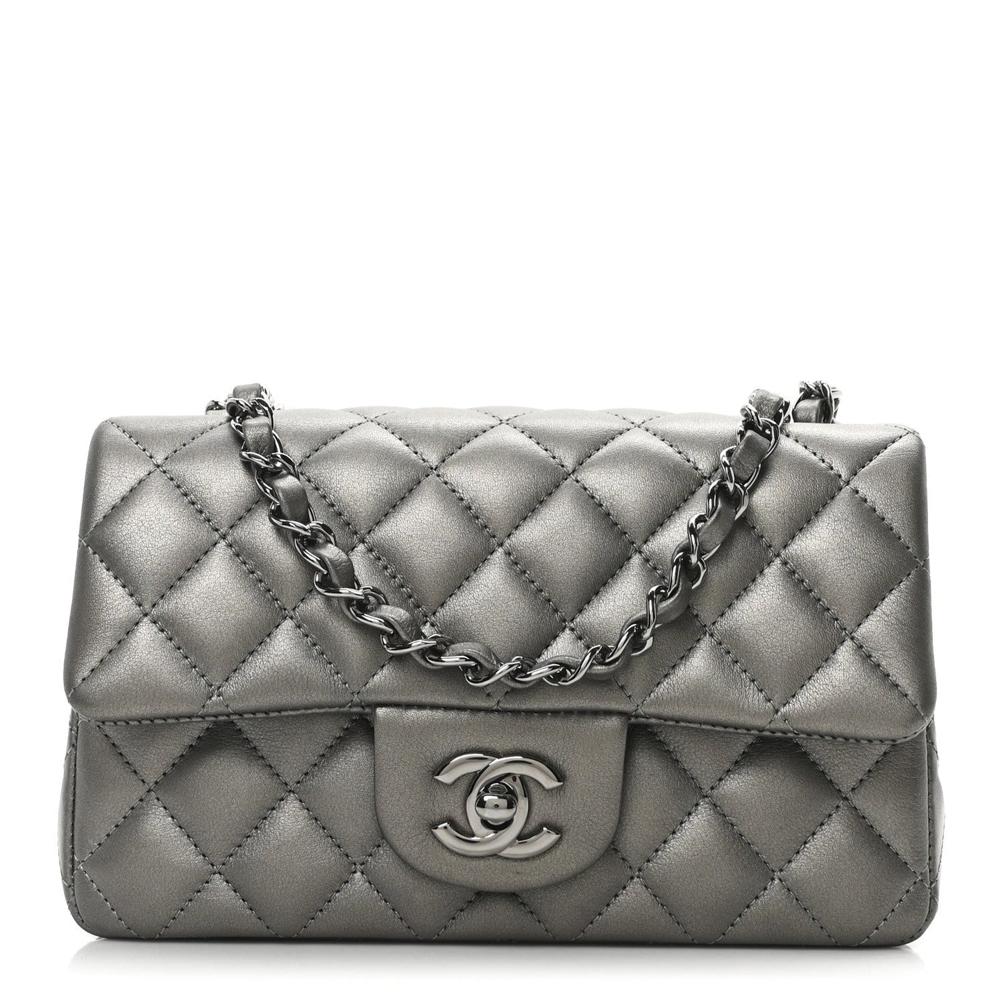 Metallic Lambskin Quilted Mini Rectangular Flap  Dark Grey