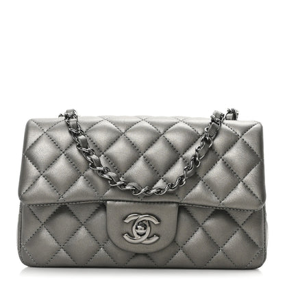 Metallic Lambskin Quilted Mini Rectangular Flap  Dark Grey