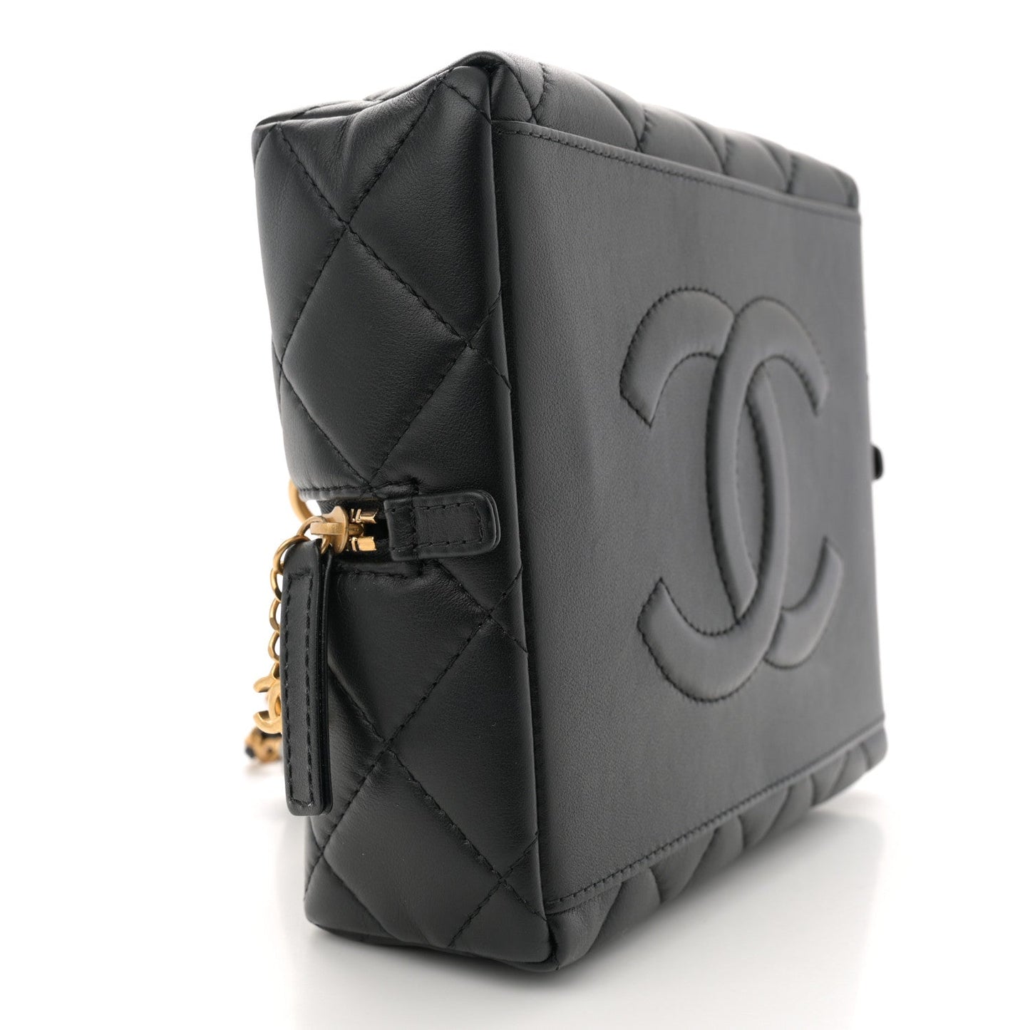 Calfskin Quilted Square Top Handle Vanity Case Black