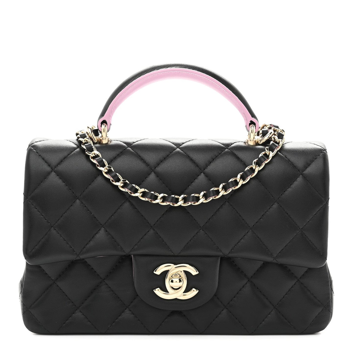 Lambskin Quilted Bi-Color Mini Top Handle Rectangular Flap Black Lilac
