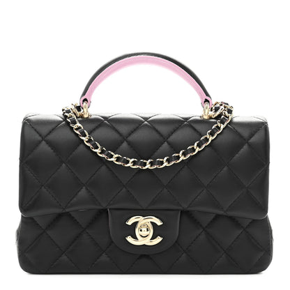 Lambskin Quilted Bi-Color Mini Top Handle Rectangular Flap Black Lilac
