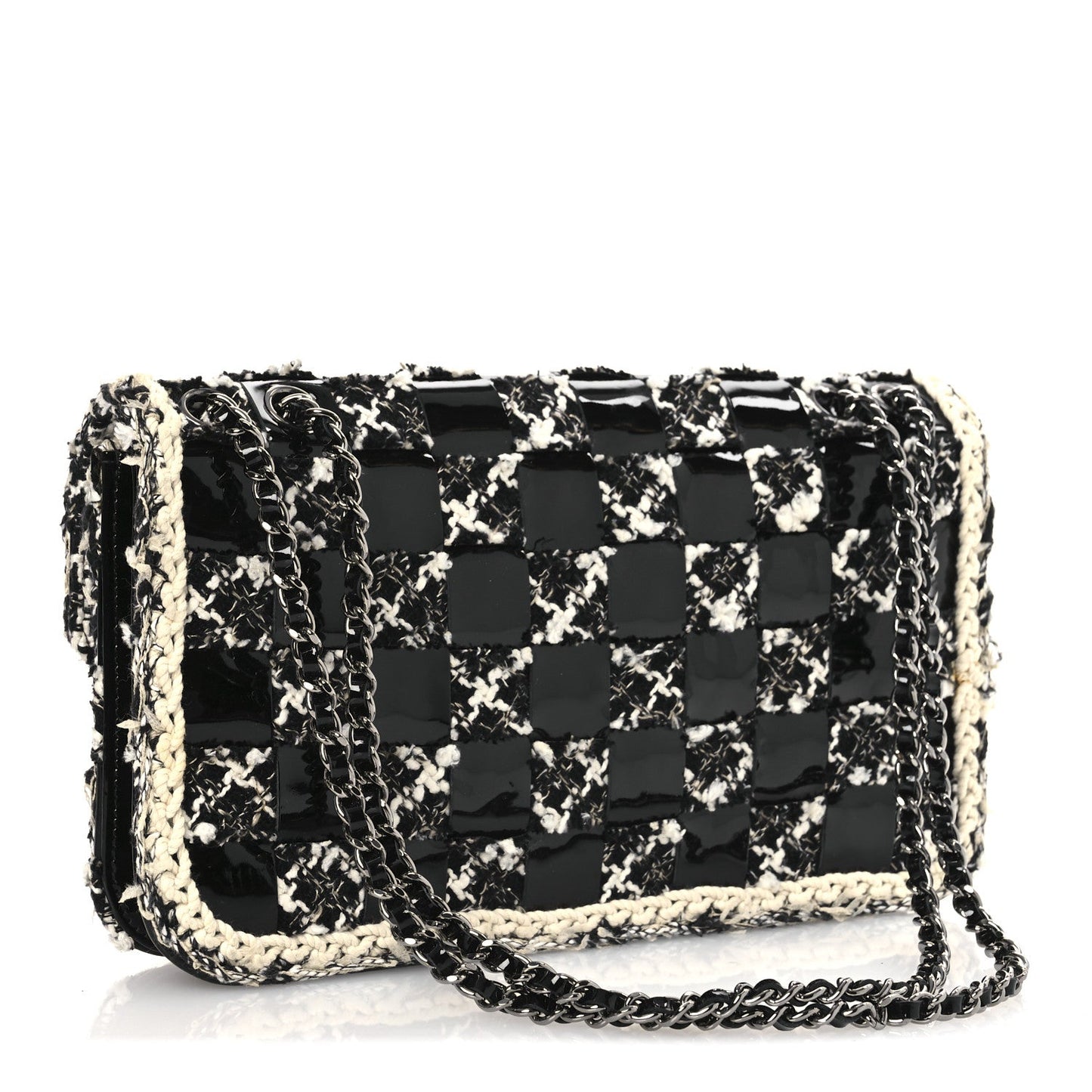 Tweed Patent Quilted Rectangular Flap Black White