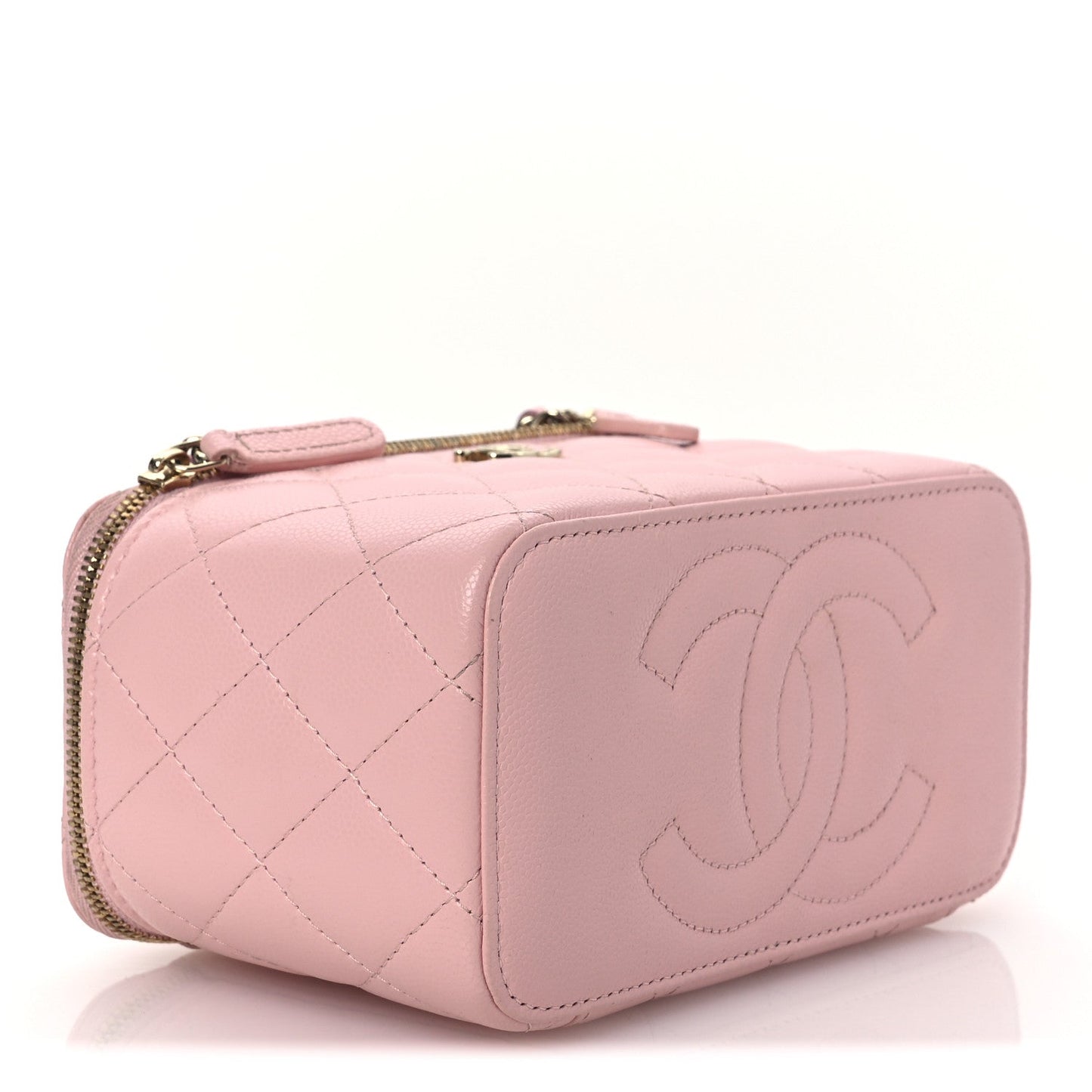 Caviar Quilted Crystal CC Logo Vanity Case With Chain Pink