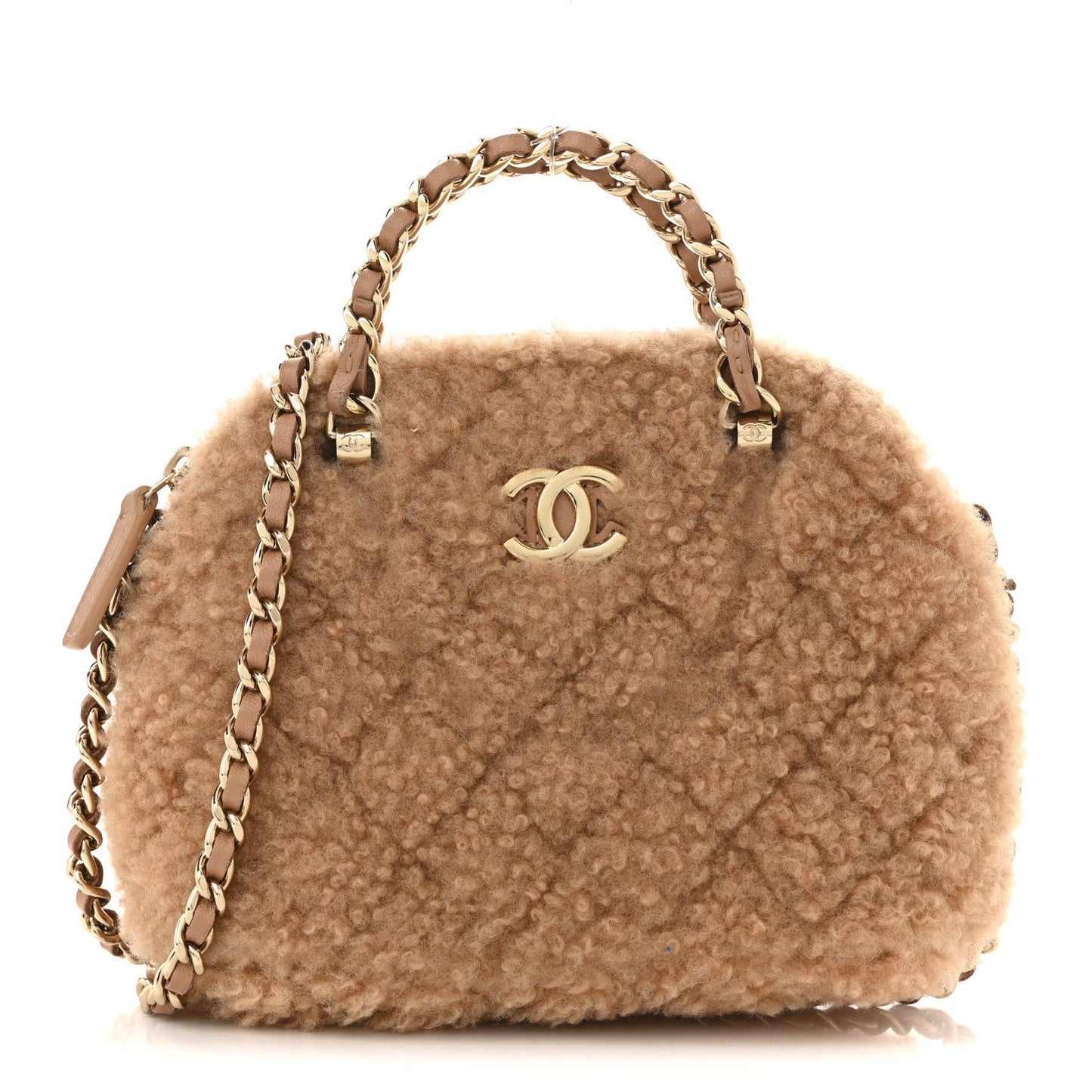Shearling Quilted Shiny Coco Clutch With Chain Dark Beige