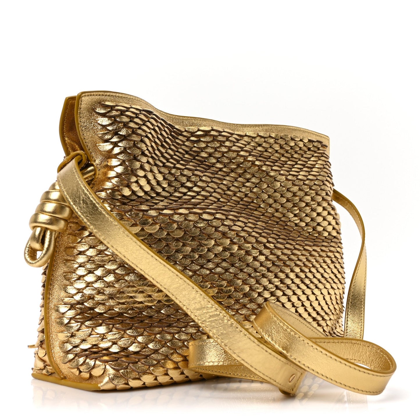 Metallic Laminated Lambskin Medium Scale Flamenco Knot Clutch Gold