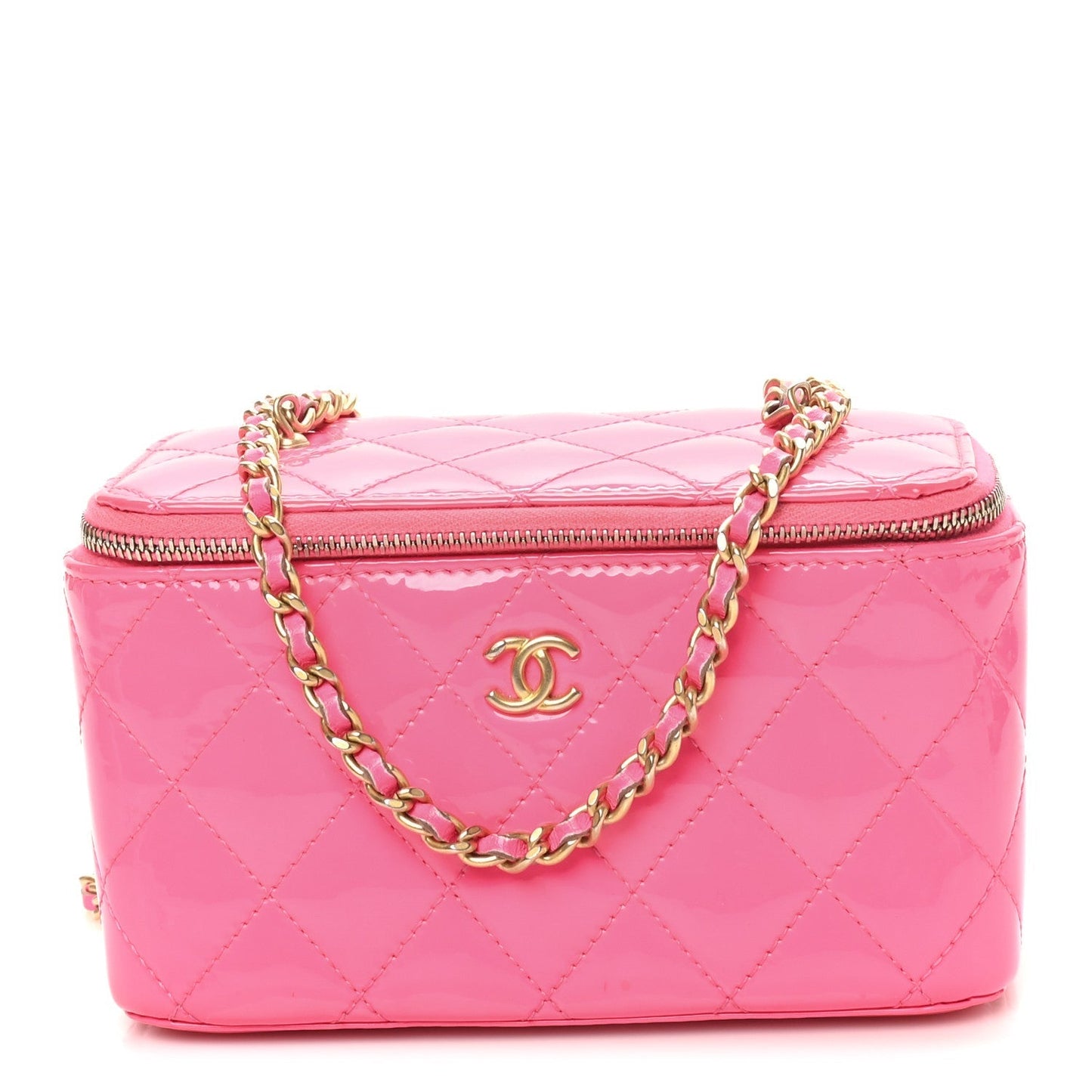 Patent Quilted Pearl Crush Small Vanity Case With Chain Neon Pink