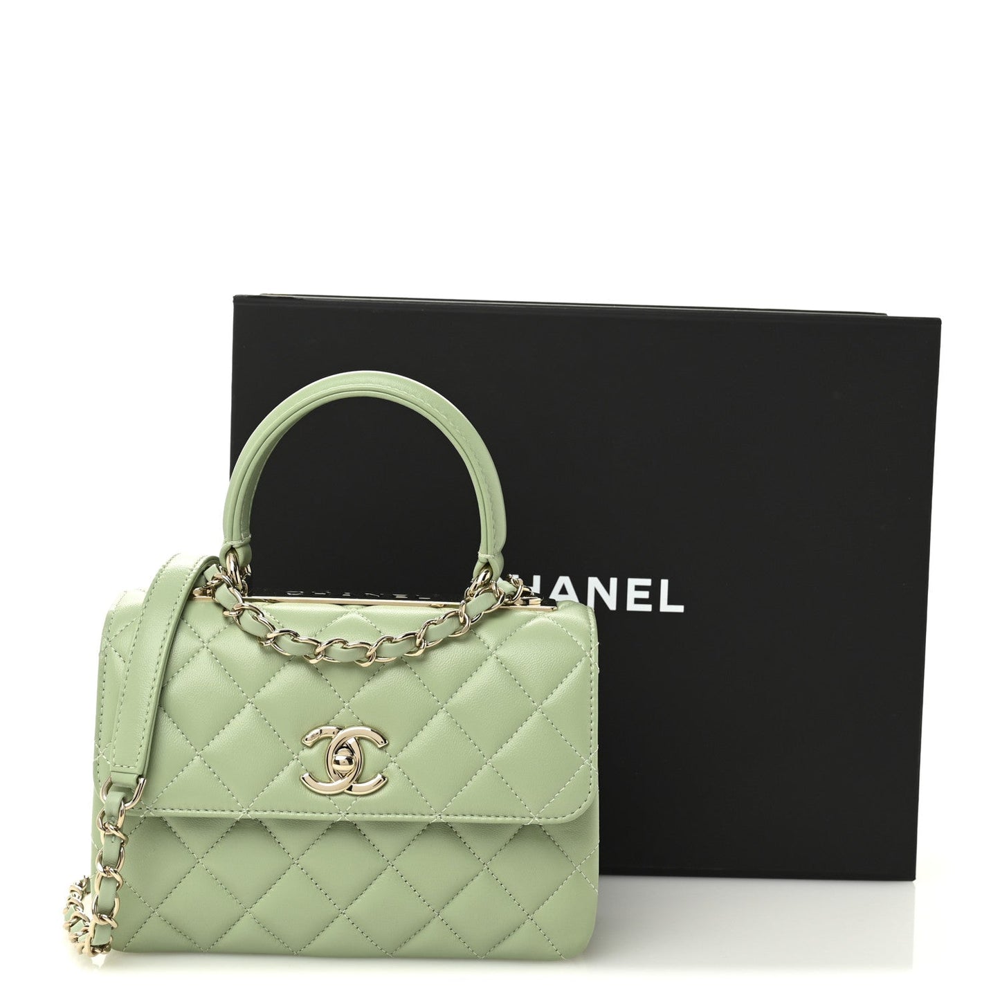 Lambskin Lacquered Quilted Mini Trendy CC Dual Handle Flap Bag Light Green