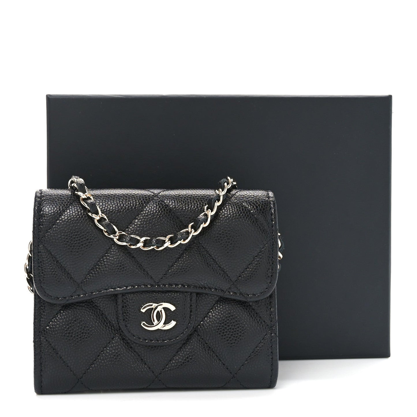 Caviar Quilted Flap Card Holder On Chain Black