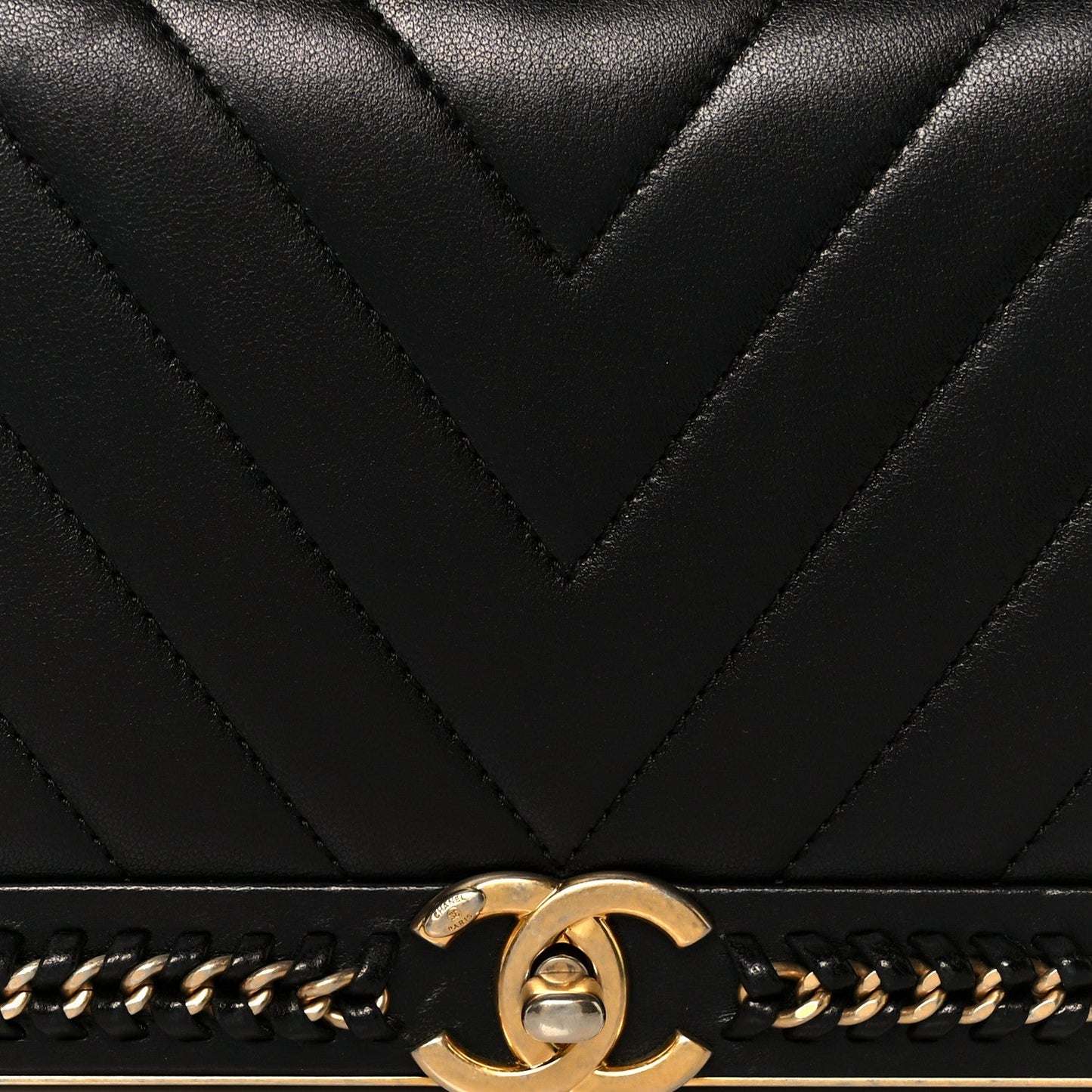 Sheepskin Chevron Stitched Chain Top Handle Flap Black