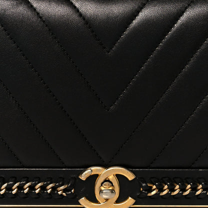 Sheepskin Chevron Stitched Chain Top Handle Flap Black