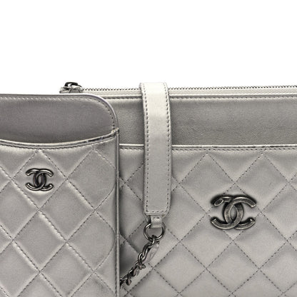 Metallic Lambskin Quilted Clutch With Chain Silver