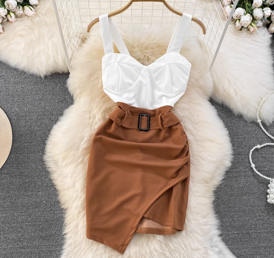 Fashionable and sexy tube top suspender skirt contrast color stitching tight irregular hip dress R0348