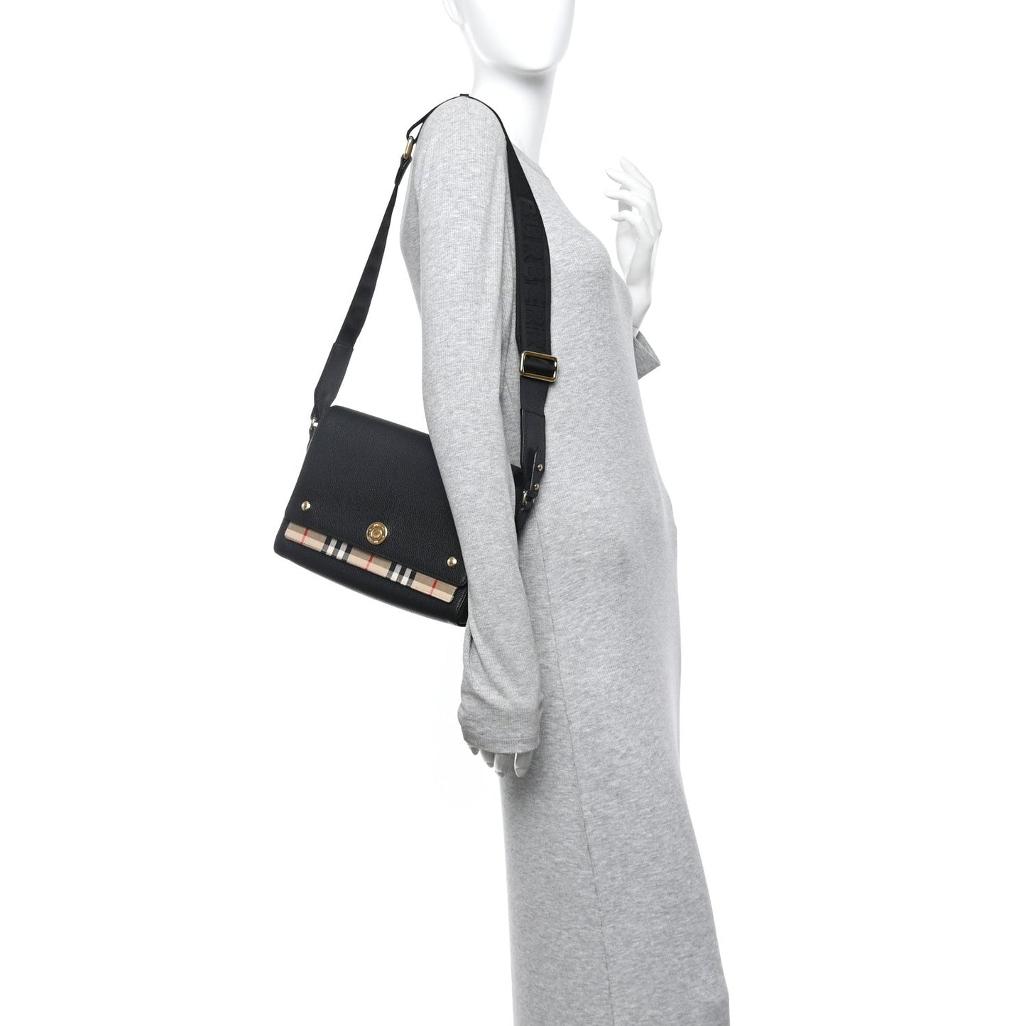Coated Canvas Calfskin Vintage Check Medium Note Crossbody Bag Black