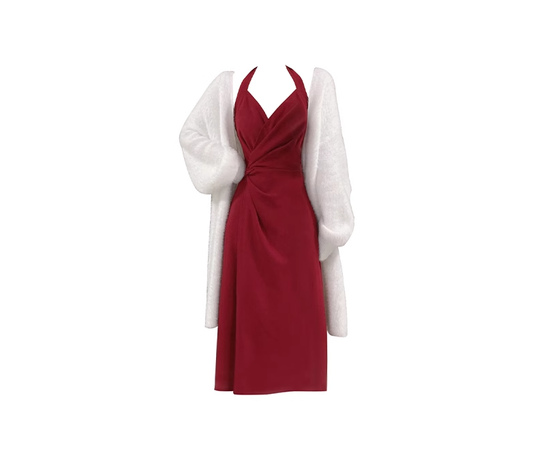 A complete set of retro red halter neck dress women's knitted sweater two-piece set R0132