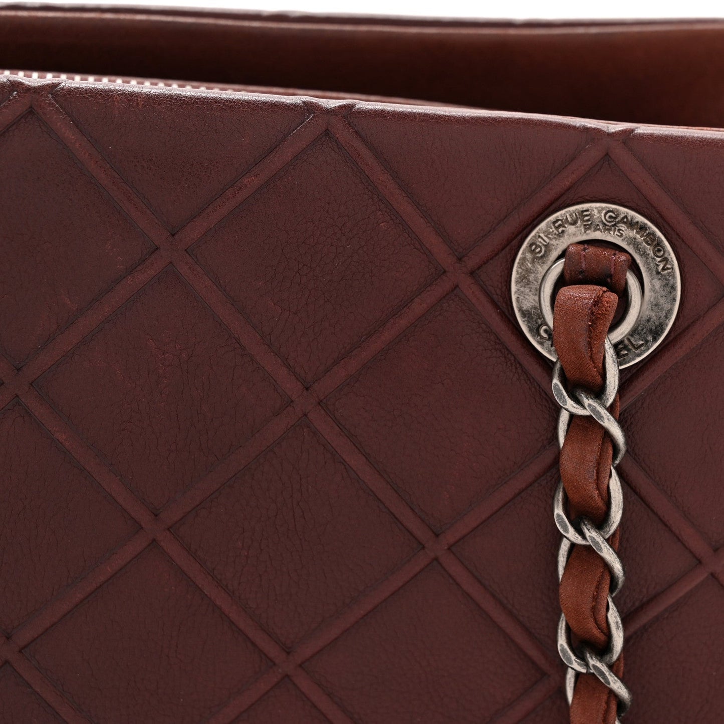 Calfskin Diamond Embossed Large CC Zip Shopping Tote Burgundy