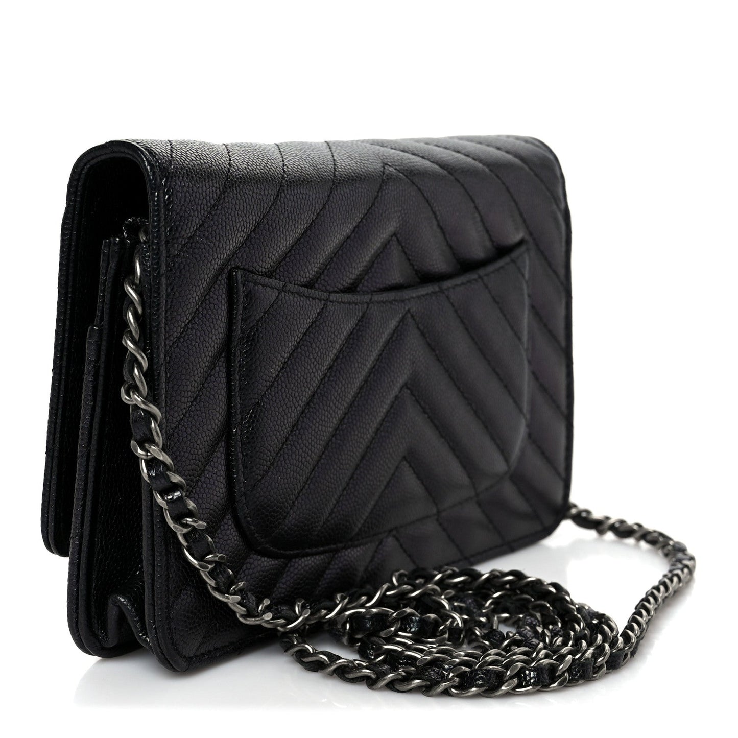 Iridescent Caviar Chevron Quilted Wallet On Chain WOC Black
