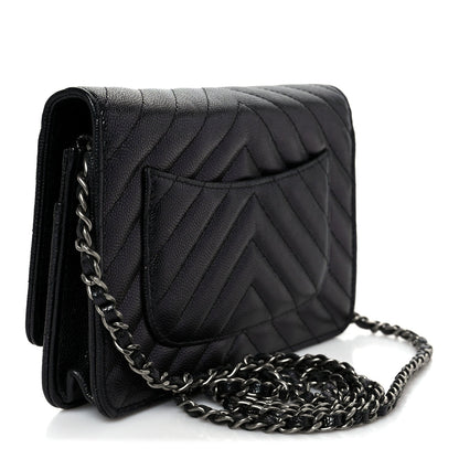 Iridescent Caviar Chevron Quilted Wallet On Chain WOC Black