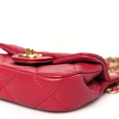 Calfskin Quilted Lady Handle Flap Card Holder With Chain Dark Pink