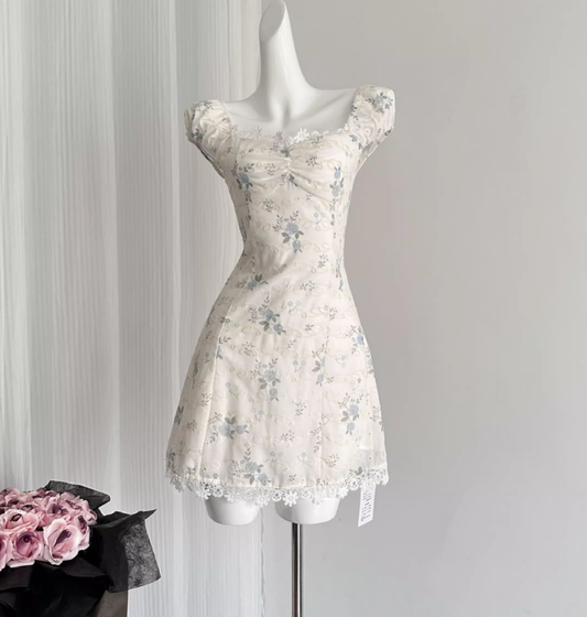 Hot love floral dress new style waist lace square neck short skirt R2033