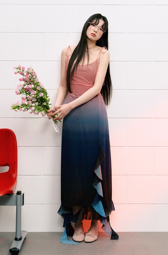 Design suspender dress high waist summer waist slimming gradient irregular long skirt R3328