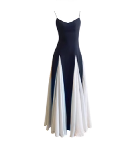 2025 new French black and white contrast suspender dress seaside holiday temperament waist A-line long skirt R0423