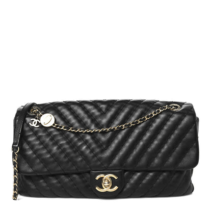 Calfskin Surpique Chevron Large Flap Black