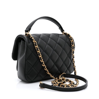 Calfskin Quilted Top Handle Flap Black