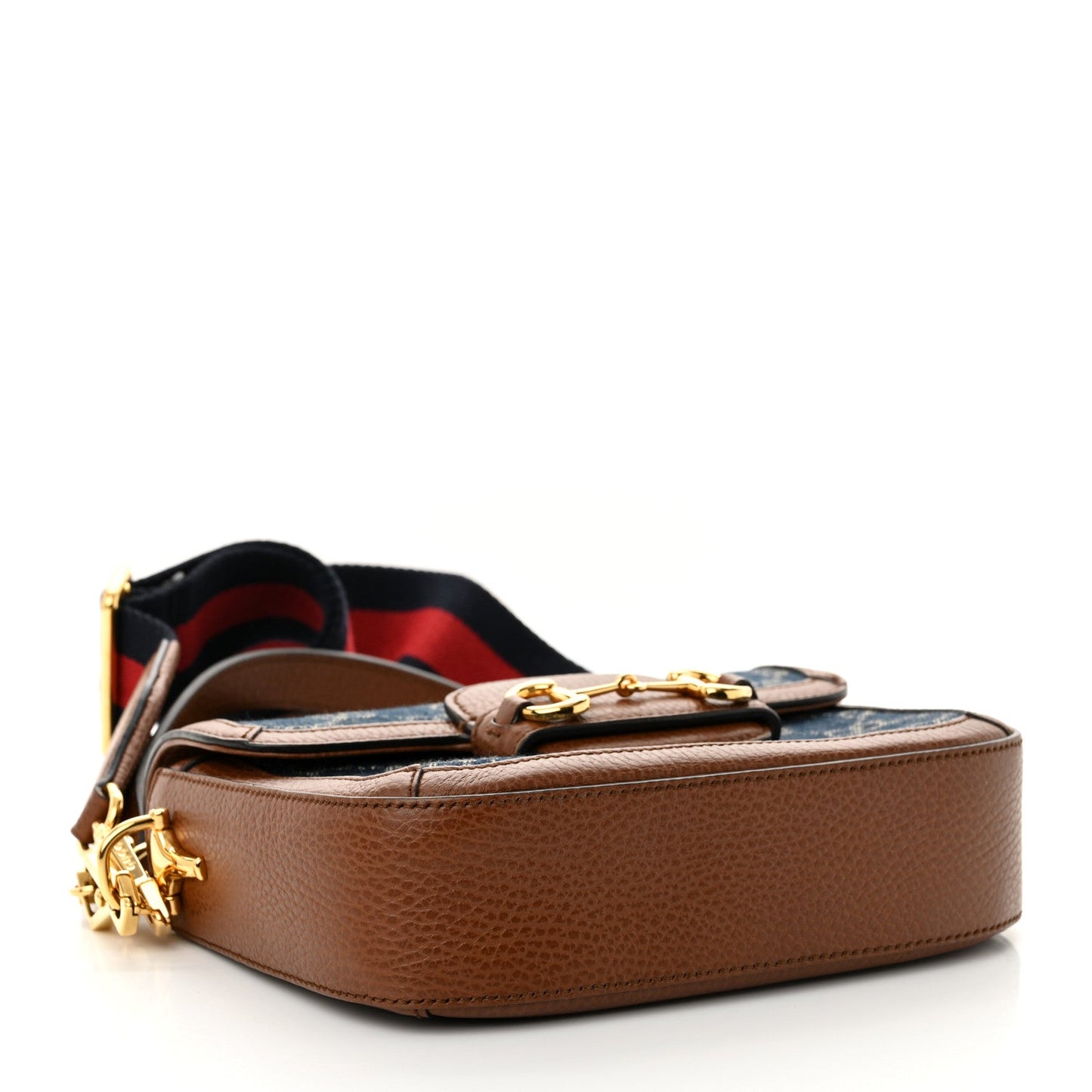 New Denim GG Monogram Dollar Calfskin Web Mini Horsebit 1955 Shoulder Bag Blue Tea Cuir Epilog