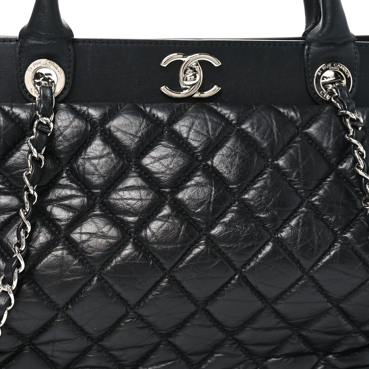 Aged Calfskin Quilted Be CC Tote Black