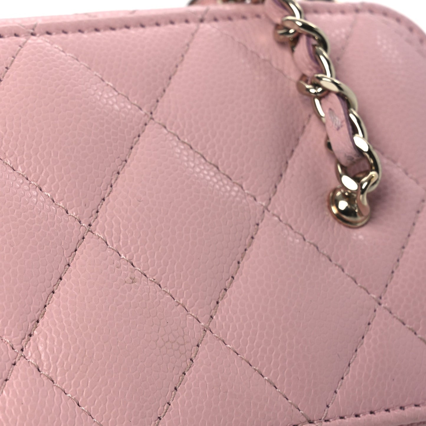 Caviar Quilted Crystal CC Logo Vanity Case With Chain Pink