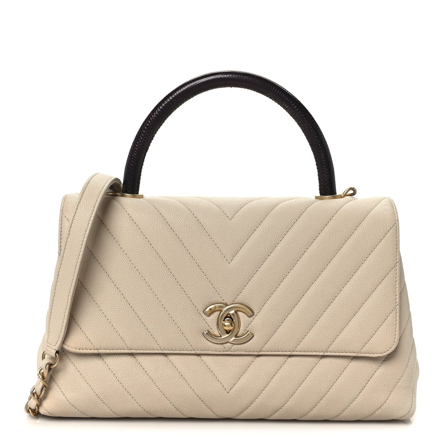 Caviar Lizard Embossed Chevron Quilted Small Coco Handle Flap Beige