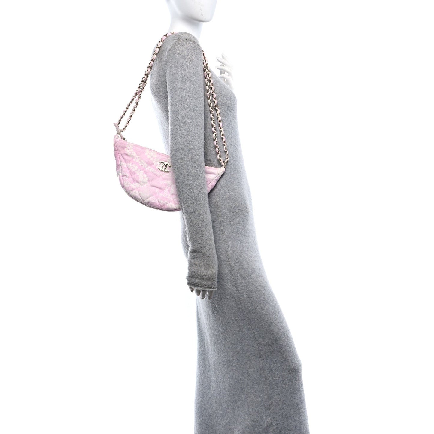Printed Denim Quilted Large Hobo Bag Light Pink White