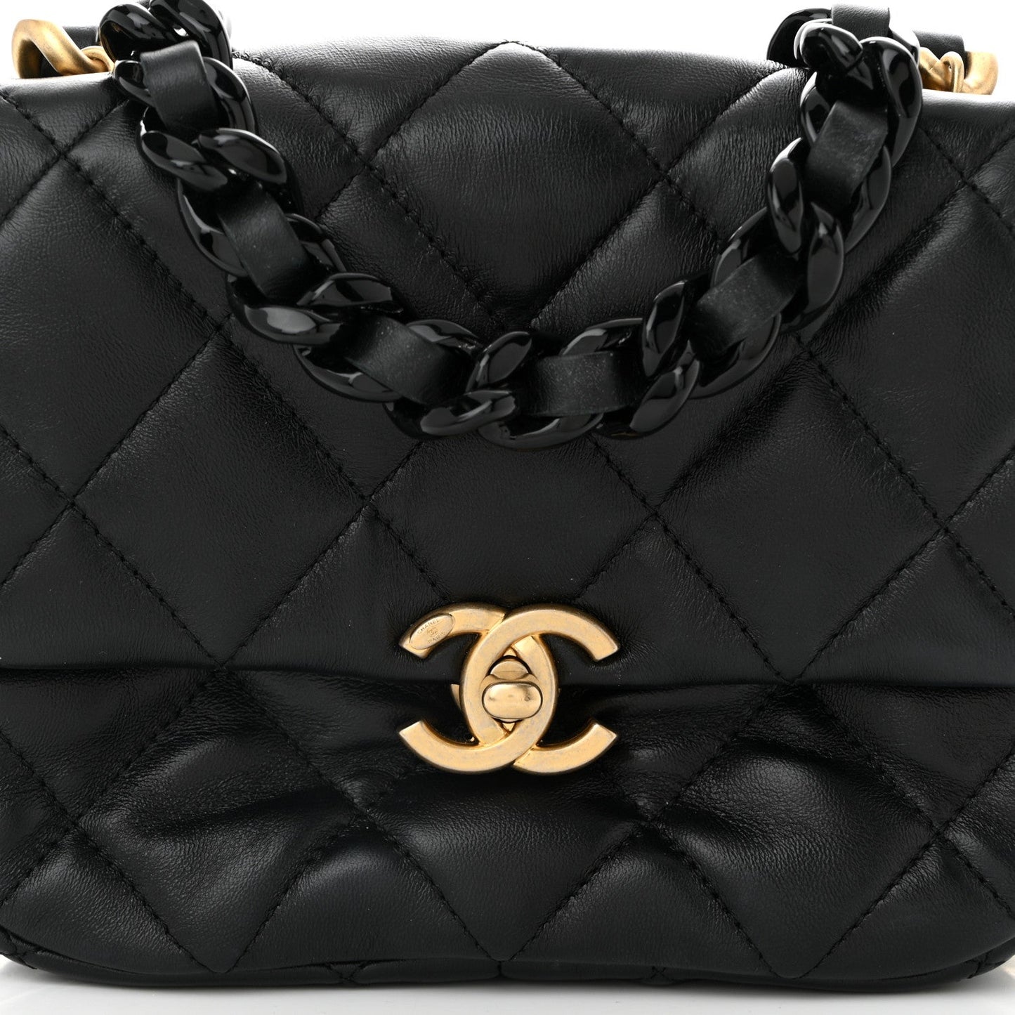 Lambskin Quilted Mini Lacquered Chain Flap Black