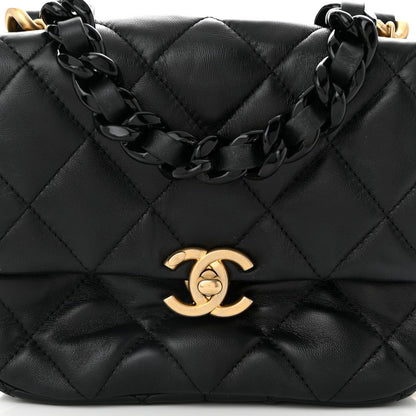 Lambskin Quilted Mini Lacquered Chain Flap Black