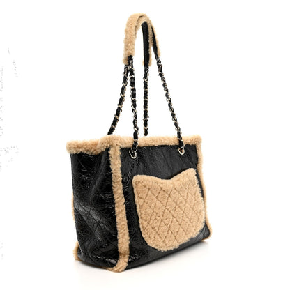 Shiny Crumpled Sheepskin Shearling CC Mania Tote Bag Black Beige