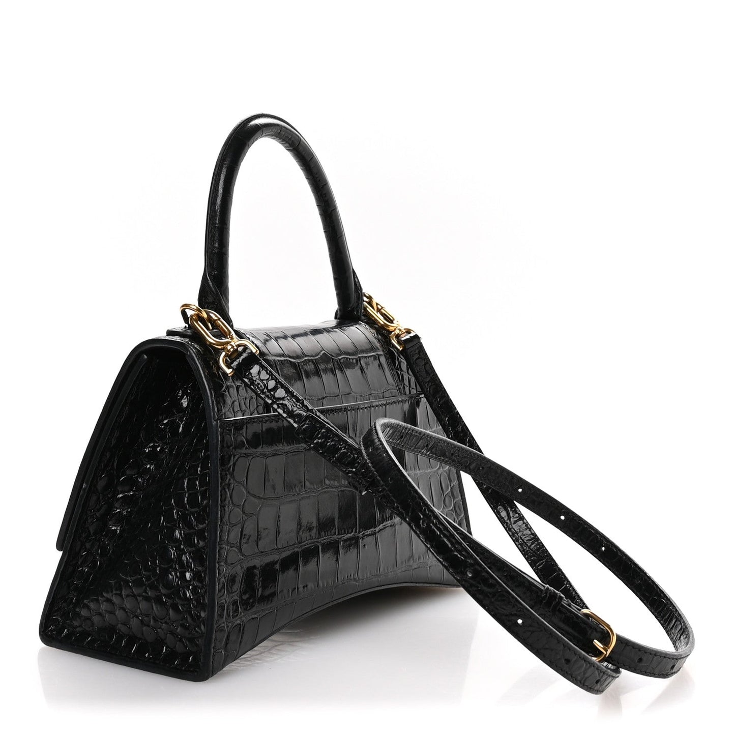 Shiny Calfskin Crocodile Embossed Small Hourglass Top Handle Bag Black