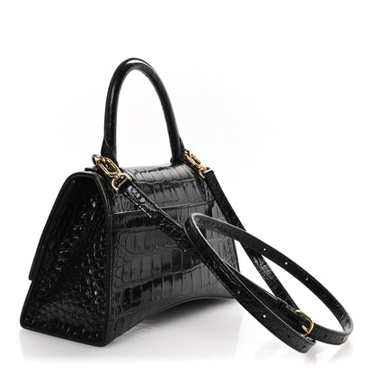 Shiny Calfskin Crocodile Embossed Small Hourglass Top Handle Bag Black