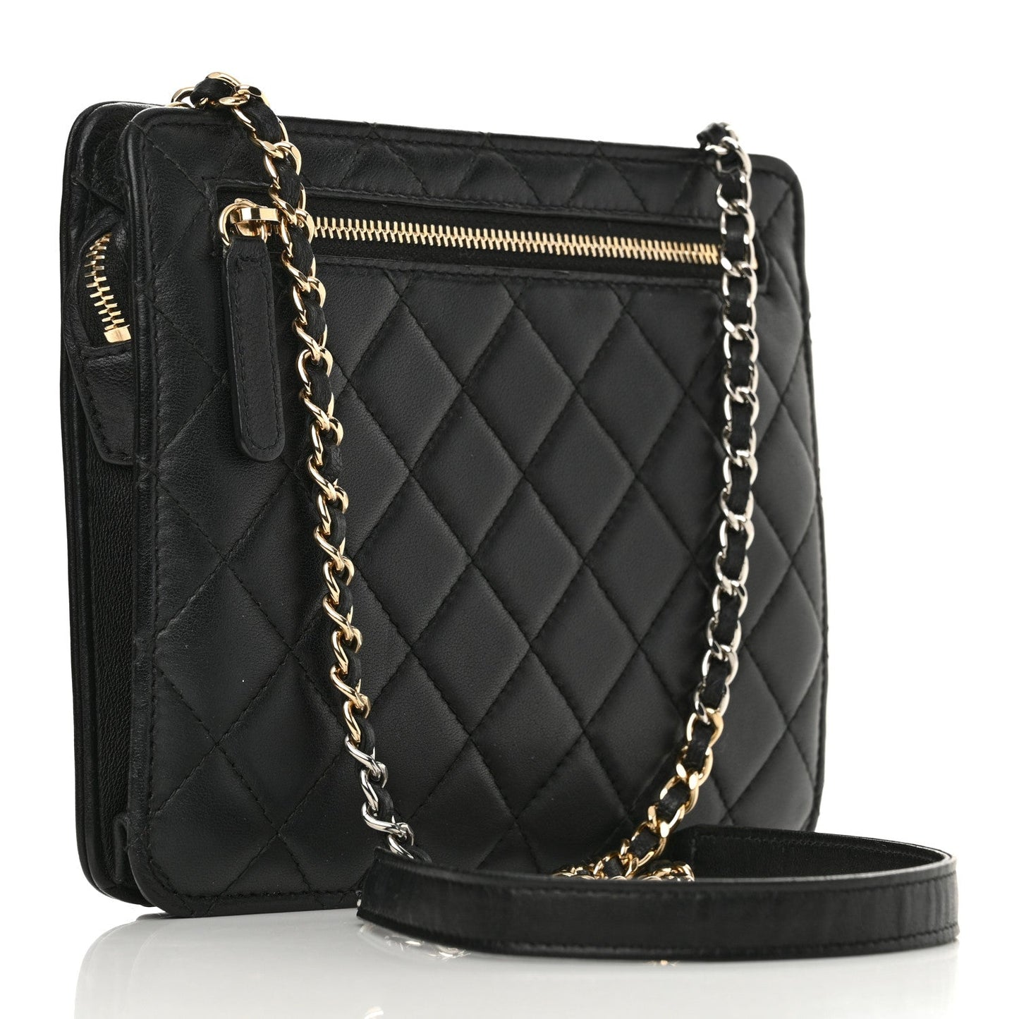 Lambskin Quilted Square Front Pocket Clutch With Chain Black