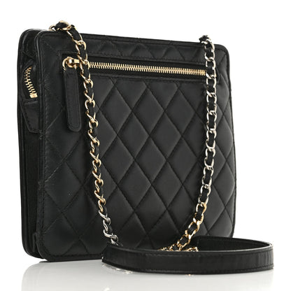 Lambskin Quilted Square Front Pocket Clutch With Chain Black