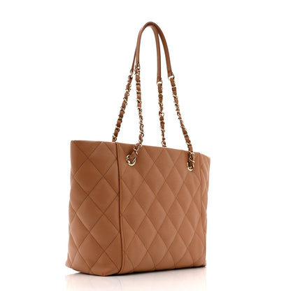 Caviar Quilted Small Shopping Tote Dark Beige